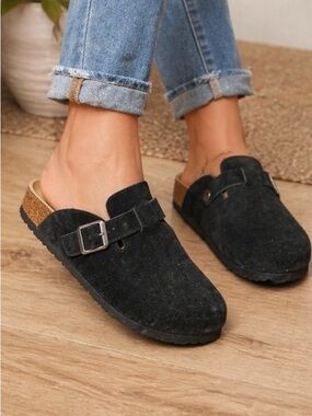 Meixiemelle Cork Footbed Clogs Black Buckle Mule Slides Womens 8 EUC